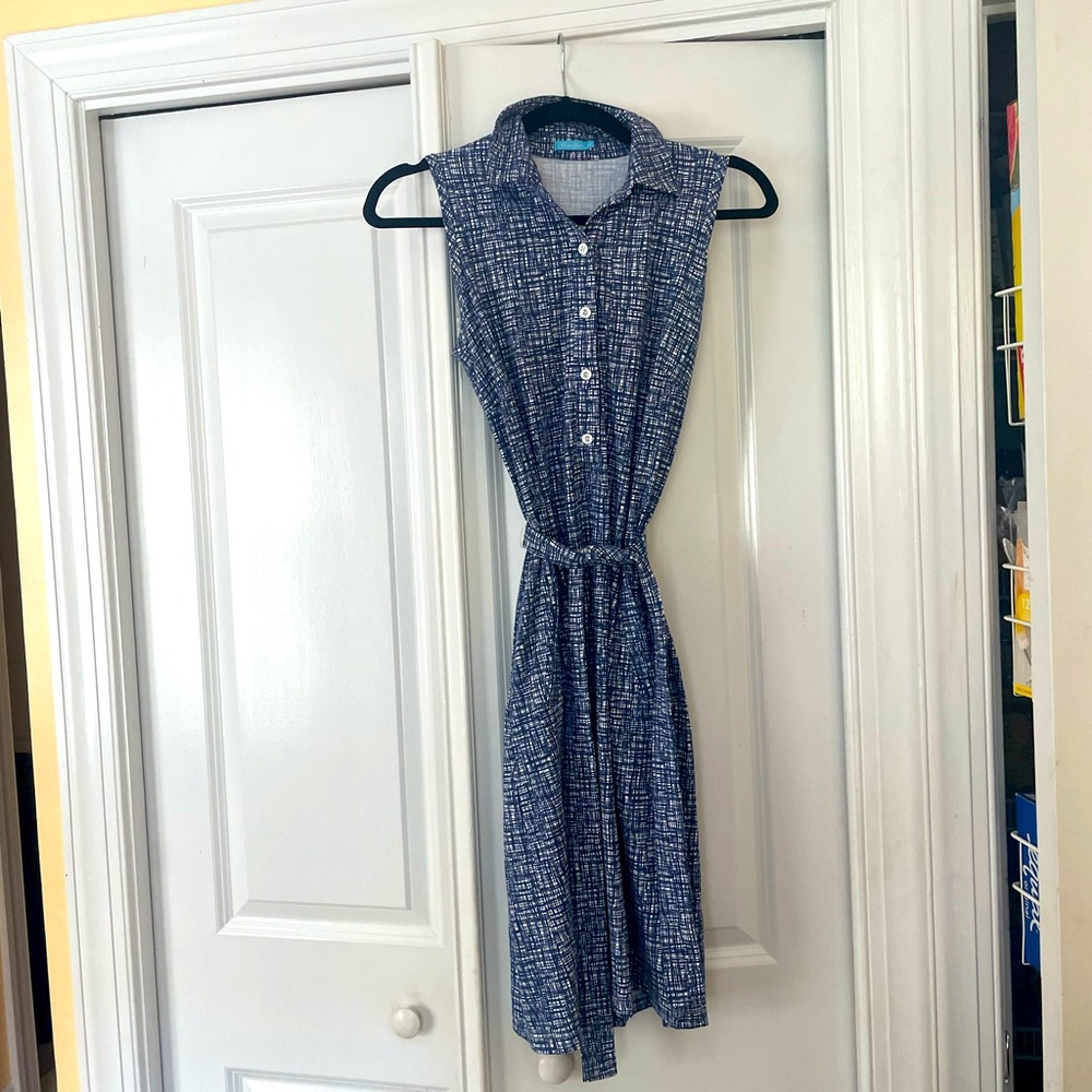 J. McLaughlin blue white checkered print knee length dress EUC